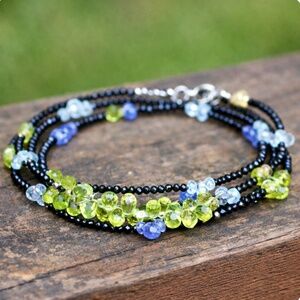 New 14k White Gold Natural Spinel, Tanzanite, Sapphire , Peridot Wrap Bracelet